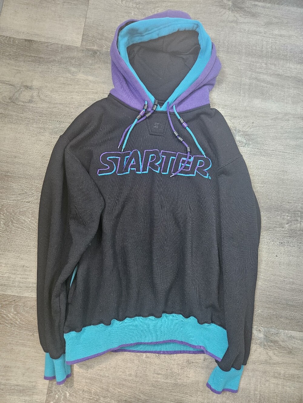 Rare Vintage 80s 90s Starter Color Block Hoodie Black Teal & Purple Size Medium
